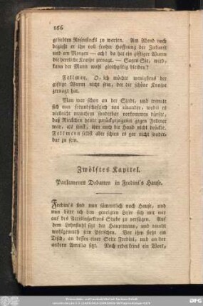 Zwölftes Kapitel. Parlaments Debatten in Fredini's Hause.