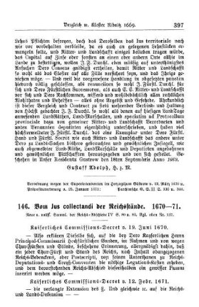 146. Vom Jus collectandi der Reichsstände. 1670 - 71.