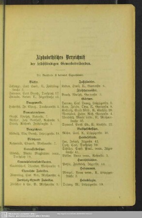 Berufsklassen und Gewerbebetriebe : Alphabetisches Verzeichniß der selbstständigen Gewerbetreibenden
