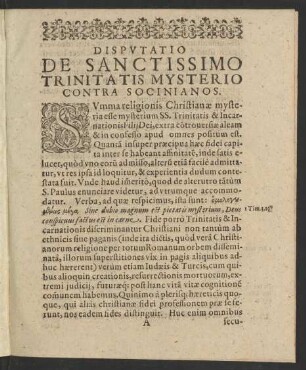 Disputatio De Sanctissimo Trinitatis Mysterio Contra Socinianos.