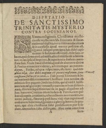 Disputatio De Sanctissimo Trinitatis Mysterio Contra Socinianos.