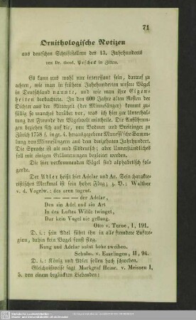 Ornithologische Notizen aus deutschen Schriftstellern des 13. Jahrhunderts