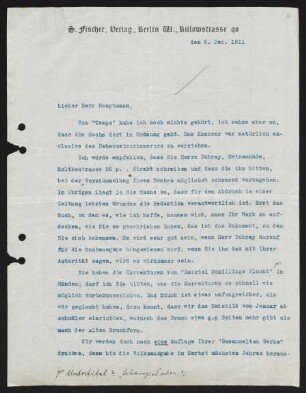 Brief von Samuel Fischer von S.-Fischer-Verlag  an Gerhart Hauptmann