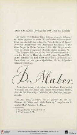 Das Nachlass-Inventar von Jan de Maber