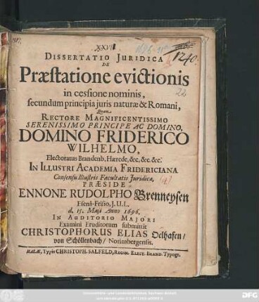 Dissertatio Iuridica De Praestatione evictionis in cessione nominis, secundum principia iuris naturae & Romani