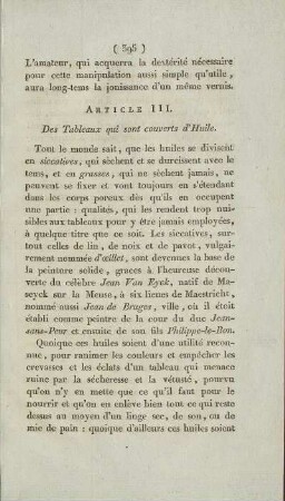 Article III. Des Tableaux qui sont couverts d'Huile.