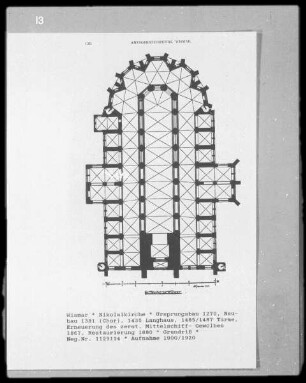 Wismar, Nikolaikirche, Ursprungsbau 1270, Neubau 1381 (Chor), 1435 Langhaus, 1485/1487 Türme, Erneuerung des zerst. Mittelschiffgewölbes 1867, Restaurierung 1880, Grundriß