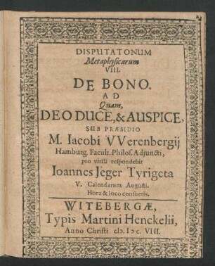 Disputatonum Metaphysicarum VIII. De Bono