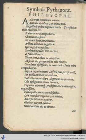 Symbola Pythagoriae Philosophi.
