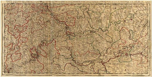 Partie des Estats Des Cercles des quatre Electeurs et Du Haut Rhin ou sont L'Archevesche et Electorat de Treves, Partie de ceux de Mayence et de Cologne les Estats de Wetteravie et de Hesse Darmstatt ou sont les Environs des Villes de Treves de MontRoyal de Coblens de Mayence et de Franckfort