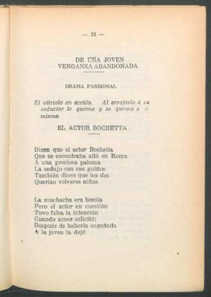 De una joven venganza abandonada : Drama passional. El actor Bochetta