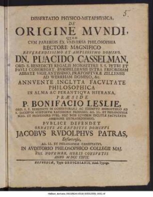 Dissertatio Physico-Metaphysica, De Origine Mvndi