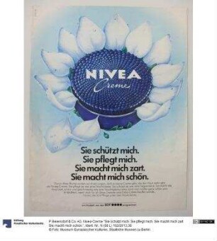 Nivea-Creme "Sie schützt mich. Sie pflegt mich. Sie macht mich zart. Sie macht mich schön."