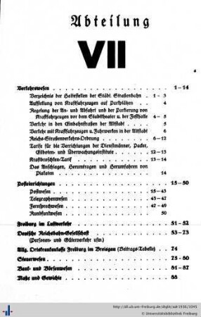 Abteilung VII. Verkehrswesen, Posteinrichtungen, Freiburg im Luftverkehr, Deutsche Reichsbahn-Gesellschaft, allgemeine Ortskrankenkasse, Steuerwesen, Bank- und Börsenwesen, Maß- und Gewichtsordnung, Bestuhlungsplan des Stadttheaters.