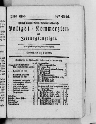 39tes Stück, Ausgabe vom 28. September 1803