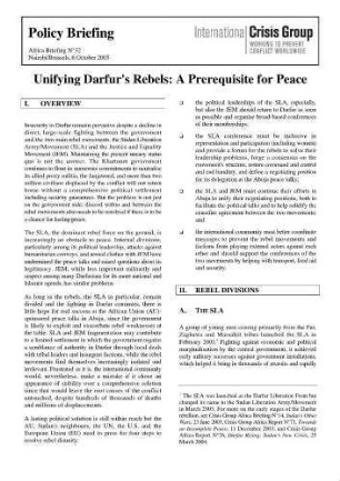 Unifying Darfur's Rebels : a prerequisite for peace