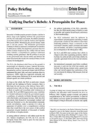 Unifying Darfur's Rebels : a prerequisite for peace