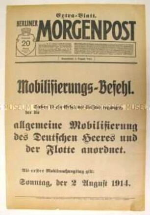 Extra-Blatt der "Berliner Morgenpost" zur Mobilmachung