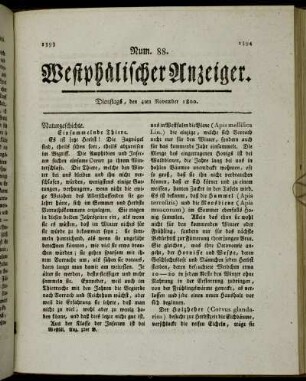 Num. 88. Westphälischer Anzeiger. Dienstags, den 4ten November 1800. - Num. 92. Westphälischer Anzeiger. Dienstags, den 18ten November 1800.