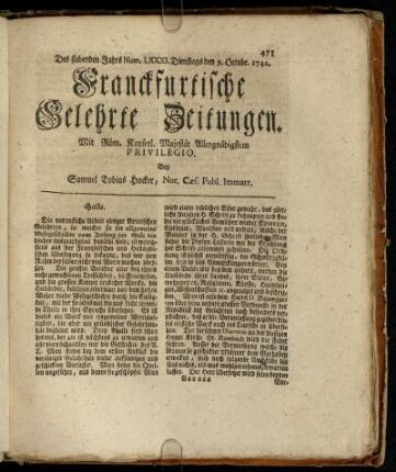 Num. LXXXI. Dienstags den 9. Octobr 1742 - Num. XC. Freytags den 9. Nov. 1742