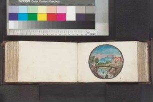 Illustration (Aquarell, ohne Text): Flußlandschaft mit Brücke und Burg, Bl. 88