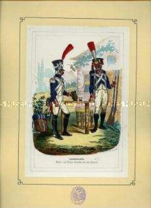 Uniformdarstellung, Füsilier- und Tirailleur-Grenadiere des Ersten Regiments der Kaisergarde, Frankreich, 1804. Aus: Bellangé: Die Soldaten der französischen Republik und des Kaiserreichs.