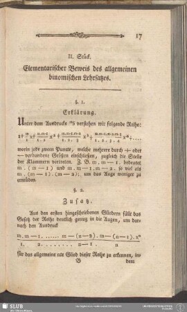 II. Stück. Elementarischer Beweis des allgemeinen binomischen Lehrsatzes