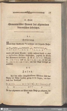 II. Stück. Elementarischer Beweis des allgemeinen binomischen Lehrsatzes