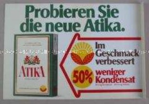Werbeschild (doppelseitig,Ausleger) für "Atika"-Zigaretten, "Probieren Sie die neue Atika."