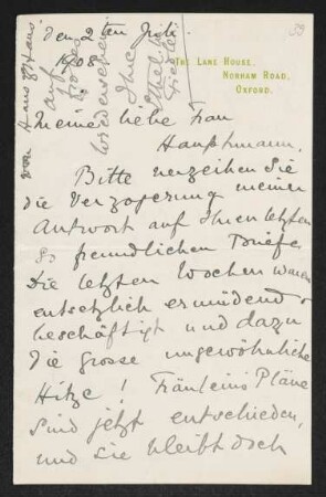 Brief von Ethel Mary Fiedler an Margarete Hauptmann