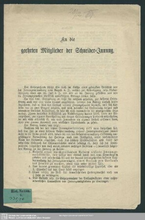 An die geehrten Mitglieder der Schneider-Innung