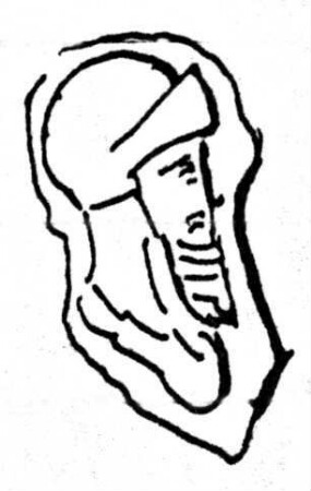Fragment einer Tessera (?), darauf als Relief ein bärtiger, behelmter Kopf im Profil nach rechts