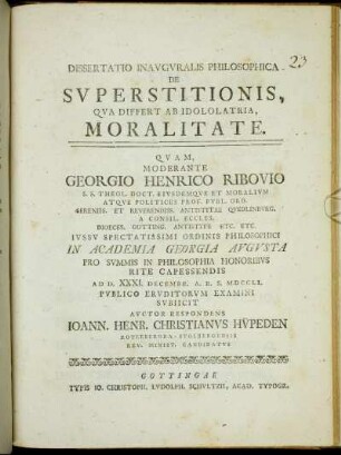 Dissertatio Inavgvralis Philosophica De Svperstitionis, Qva Differt Ab Idololatria, Moralitate