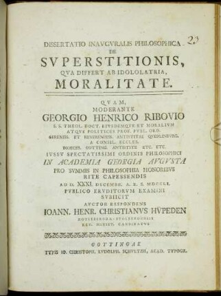 Dissertatio Inavgvralis Philosophica De Svperstitionis, Qva Differt Ab Idololatria, Moralitate