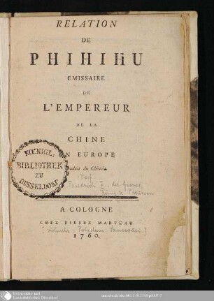 Relation de Phihihu, Émissaire de l'Empereur de la Chine en Europe : traduit du Chinois