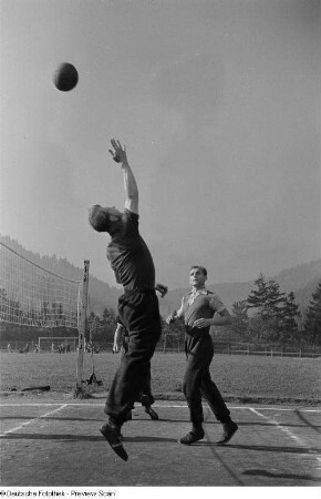 Ein springender Volleyballspieler am Netz auf dem Spielfeld der Sportschule