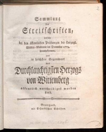Sammlung der Streitschriften, welche bei den öffentlichen Prüfungen der Herzogl. Militär-Akademie im December 1779. herausgekommen, und in höchster Gegenwart des Durchlauchtigsten Herzogs von Wirtemberg öffentlich vertheidiget worden sind