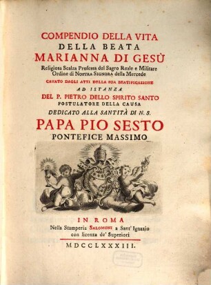 Compendio della Vita della Beata Marianna di Gesu