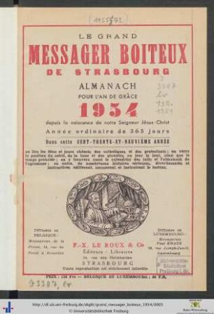 139. Année: Le grand messager boiteux de Strasbourg: Almanach Pour L'An De Grâce 1954