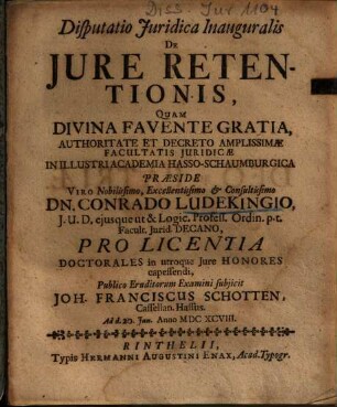 Disputatio Juridica Inauguralis De Jure Retentionis