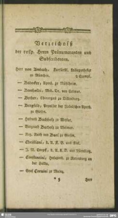 Verzeichniß der resp. Herrn Pränumeranten und Subscribenten