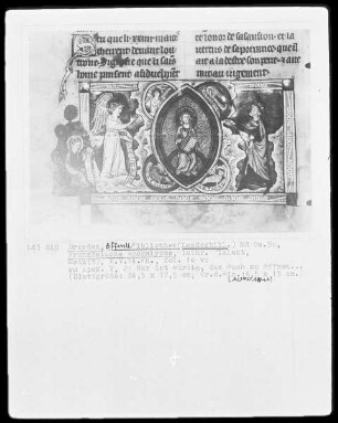 Französische Apokalypse — Christus thronend umgeben von den Evangelistenymbolen und einem Ältesten, Folio 10verso