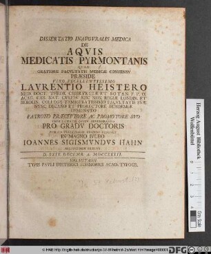 Dissertatio Inauguralis Medica De Aquis Medicatis Pyrmontanis