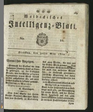 No. 22. Dienstag, den 30ten May 1809
