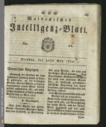 No. 22. Dienstag, den 30ten May 1809