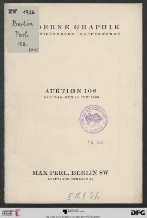 Moderne Graphik : Zeichnungen - Mappenwerke ; Auktion: Freitag, den 11. Juni 1926 (Katalog Nr. 108)