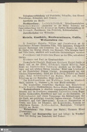 Hotels, Gasthöfe, Restaurationen, Cafés, Weinstuben etc