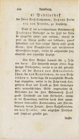 2) Bibliothek des Herrn RathsConsulenten, Johann Heinrich von Prieser, zu Augspurg.
