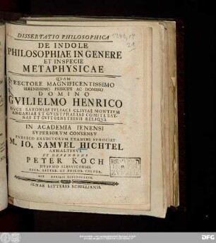 Dissertatio Philosophica De Indole Philosophiae In Genere Et In Specie Metaphysicae