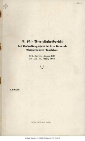 Dritter (5.) Vierteljahrsbericht des Verwaltungschefs bei dem General-Gouvernement Warschau